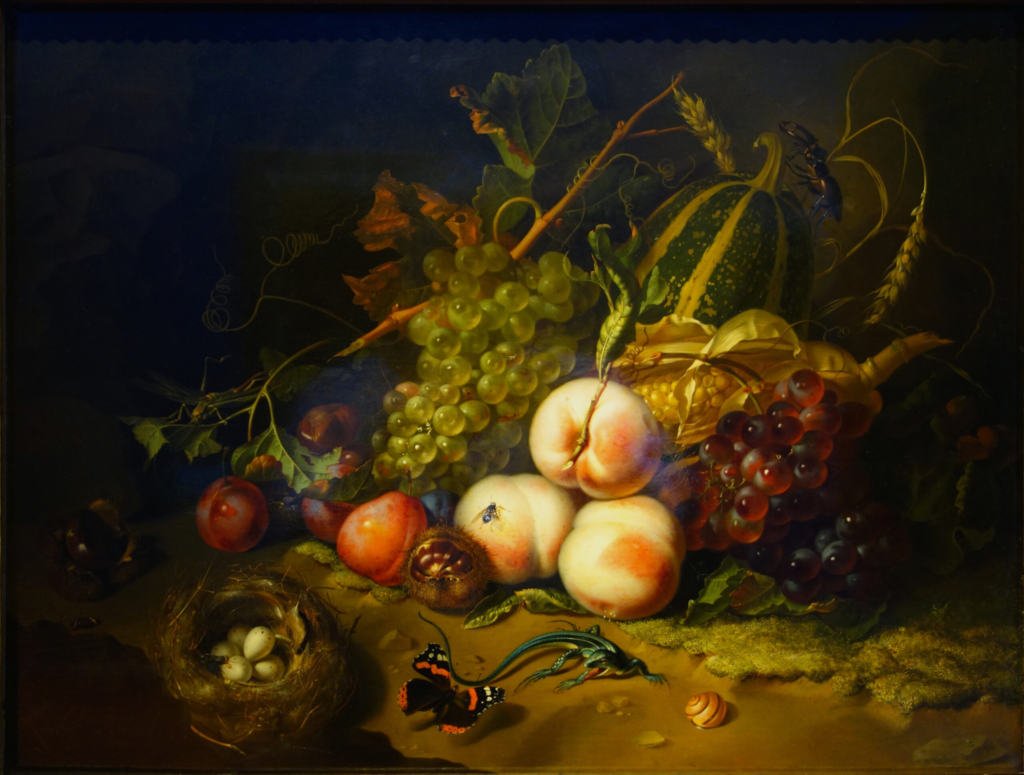Still life painting featuring an arrangement of fruits including grapes, peaches, plums, and a striped gourd, accompanied by a bird's nest with eggs and a butterfly. Dark background contrasts with vibrant colors of fruits and natural elements.