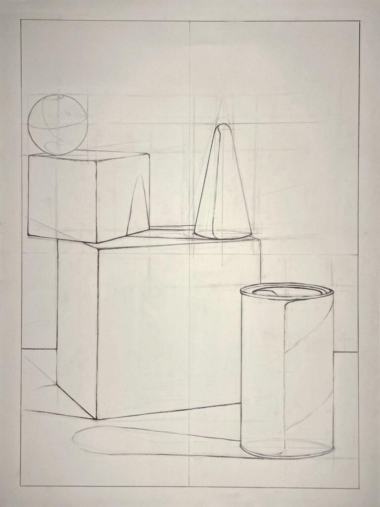A pencil sketch drawing showing basic geometric shapes including a sphere, cube, cone, and cylinder arranged on a flat surface. The sketch features light construction lines and shading guides to illustrate form and perspective.
