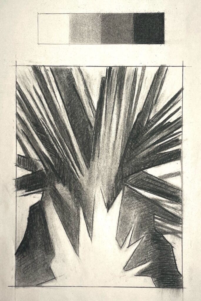 A black and white pencil drawing demonstrating shading techniques with a grayscale value bar at the top showing five gradient tones from light to dark. The main drawing features sharp, angular shapes radiating from a central bright area, highlighting contrast and depth through varied shading intensity.