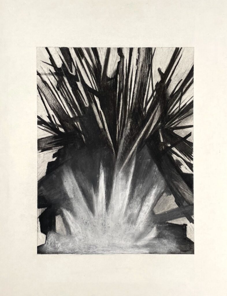 A black and white charcoal and white pastel drawing depicting an abstract explosion or burst with dynamic, radiating lines extending outward from a central bright area. The composition emphasizes contrast between dark, jagged shapes and lighter, softer tones, creating a sense of intense energy and movement.