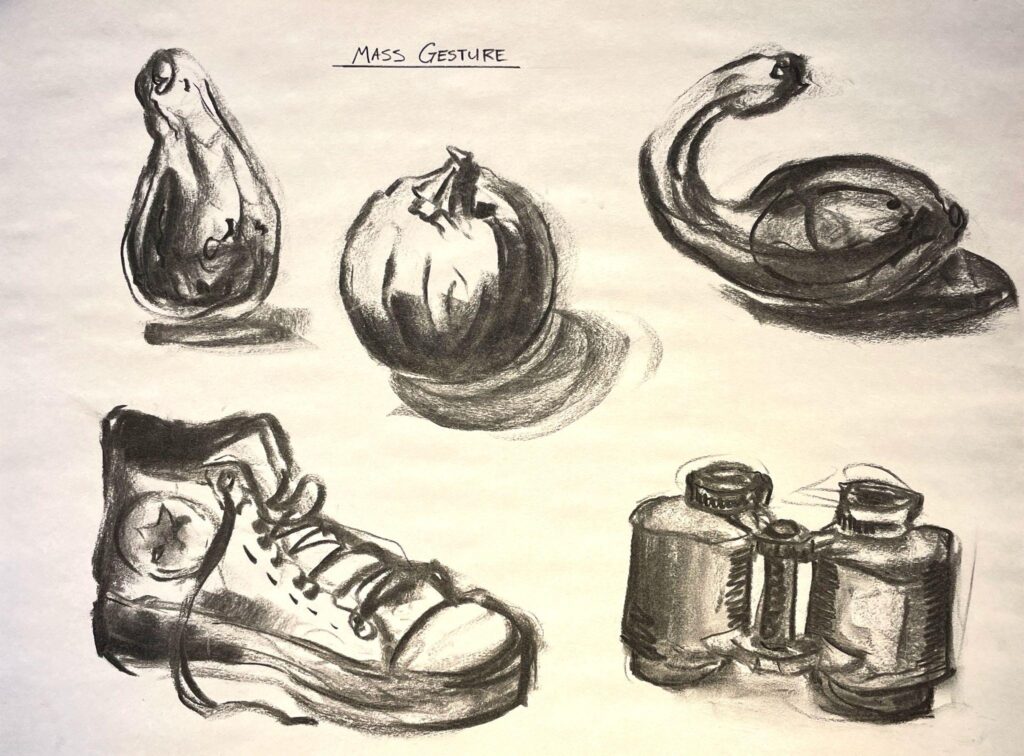 Charcoal drawing of five objects labeled "Mass Gesture," including a pear, pumpkin, squash, sneaker, and binoculars, each rendered with bold shading and strong contours to emphasize volume and form. The composition highlights different textures and shapes, with shadows grounding objects and creating a sense of depth on a plain background.