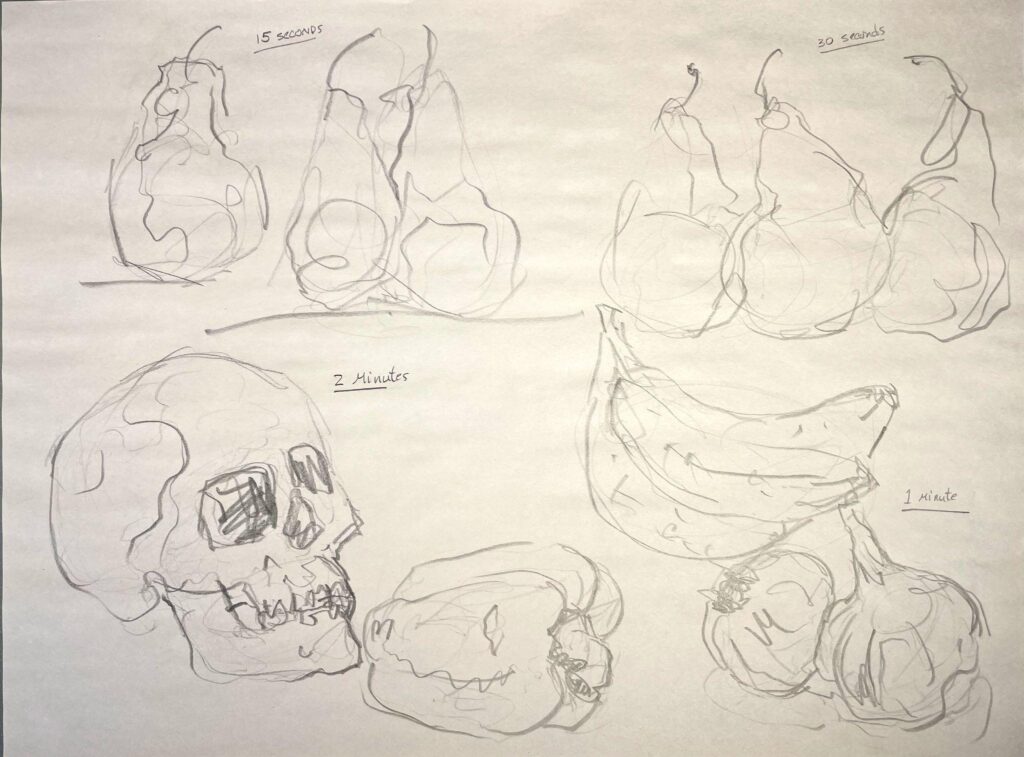 A pencil sketch collection showing various objects drawn with different time limits, including pears (15 and 30 seconds), a skull and a small pumpkin (2 minutes), and bananas with garlic (1 minute). Each drawing is labeled with its respective time, illustrating progression in detail and complexity based on time spent.