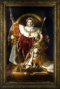 Ingres, Napoleon on his Imperial Throne, painting depicting Napoleon seated on an ornate throne, dressed in luxurious robes and holding a scepter and staff. The painting features rich colors, intricate gold detailing, and a majestic pose symbolizing authority and power.
