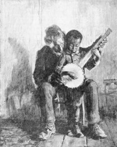 Black and white drawing depicting an older man teaching a young boy to play a banjo, both seated closely on wooden chairs. Shadows cast on a textured wall behind them emphasize their focused expressions and the intimate, instructional moment.