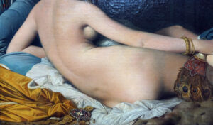 Torso (detail), Jean-Auguste-Dominique Ingres, La Grande Odalisque, featuring the figure's elongated back and close up details of the yellow, white, and blue textured fabric.