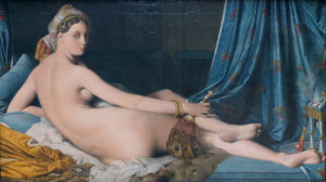 Ingres, La Grande Odalisque, painting featuring a reclining female nude viewed from the backside. The elongated figure wears fabric wrapped around her head and holds a peacock feather duster while looking out at the viewer.