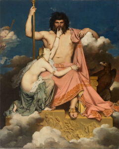 A classical painting depicting a seated male figure draped in a pink robe holding a staff, with a kneeling female figure embracing him. The scene includes clouds, an eagle on the right, and intricate carvings on the throne, suggesting a mythological or divine context.