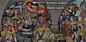 Mural painting depicting key figures and events from Mexican history, including Emiliano Zapata, Benito Juárez, and Miguel Hidalgo, with a crowd of revolutionaries holding banners and rifles. The artwork features vibrant colors, detailed facial expressions, and historical costumes, emphasizing themes of liberty, resistance, and national identity.