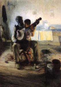 Tanner, The Banjo Lesson painting depicting an elderly man seated with a child on his lap, both playing a banjo in a dimly lit rustic room. Warm tones highlight a table with a white cloth and kitchenware in the background, while various household items and shadows create a cozy, intimate atmosphere.