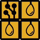Diagram with four orange squares containing black icons: three drops of liquid and one circuit-like pattern with connected dots. Black lines and circles are used on a yellow background.