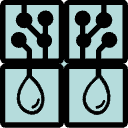 Diagram showing two stylized circuit boards above two water droplets. Black lines and circles are use on a light blue background.