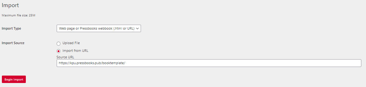 From the pressbooks import screen select from a file or URL