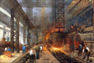 Workers in an industrial steel factory with machinery and molten metal casting an orange glow.