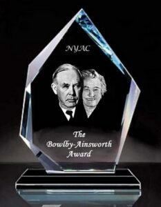 Crystal statue of The Bowlby-Ainsworth Award in attachment security research - depicting the founders and namesakes of the award