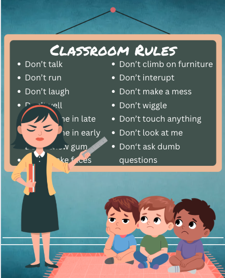 Teacher points to a long list of strict "Don't" rules while young children sit on the floor looking sad.