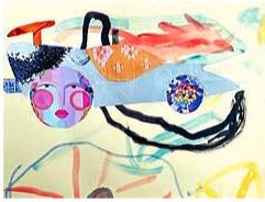 Abstract artwork with a colorful collage resembling a whimsical vehicle with a face and patterned wheels.