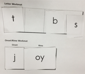 Two sections showing letter and onset/rime workmats with cards displaying the letters t, b, s, j, and oy.