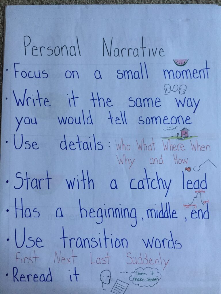 Handwritten poster with tips for writing a personal narrative.