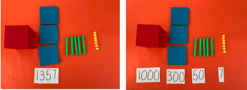 Two sets of math manipulatives on an orange background with labels "1357" and "1000, 300, 50, 7."