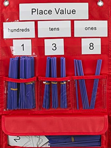 Red pocket chart with sections for hundreds, tens, and ones, displaying numbers 1, 3, and 8 with corresponding blue counting sticks.