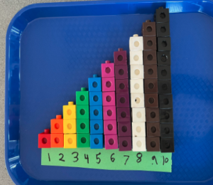 Blue tray with unifix cubes representing numbers 1-10