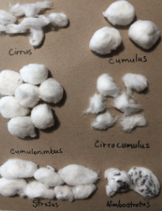 Cotton balls displayed on brown paper in various forms of cloud formations
