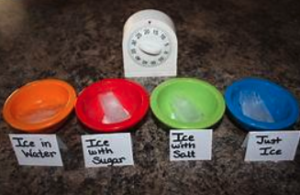 Ice melting experiment with 4 bowls and a timer