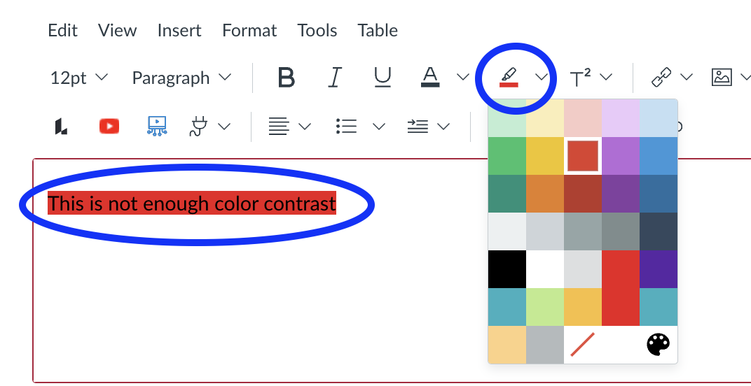Color selection using the Canvas rich content editor.