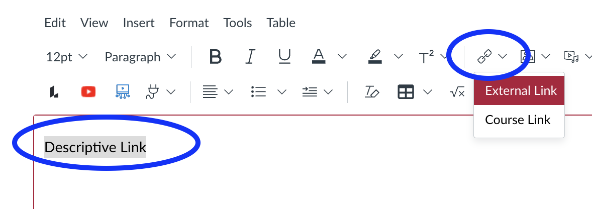 Descriptive link option using the Canvas rich content editor.