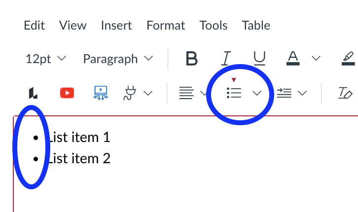 List option using the Canvas rich content editor.