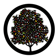 Tree with colorful numbers and letters surrounded by a circle