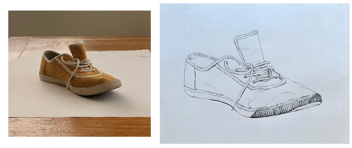 Photograph and line drawing side-by-side showing a single tan sneaker with white laces on a wooden surface. The photograph captures realistic color and texture, while the drawing outlines shoe shape and details with clean black lines on white paper.