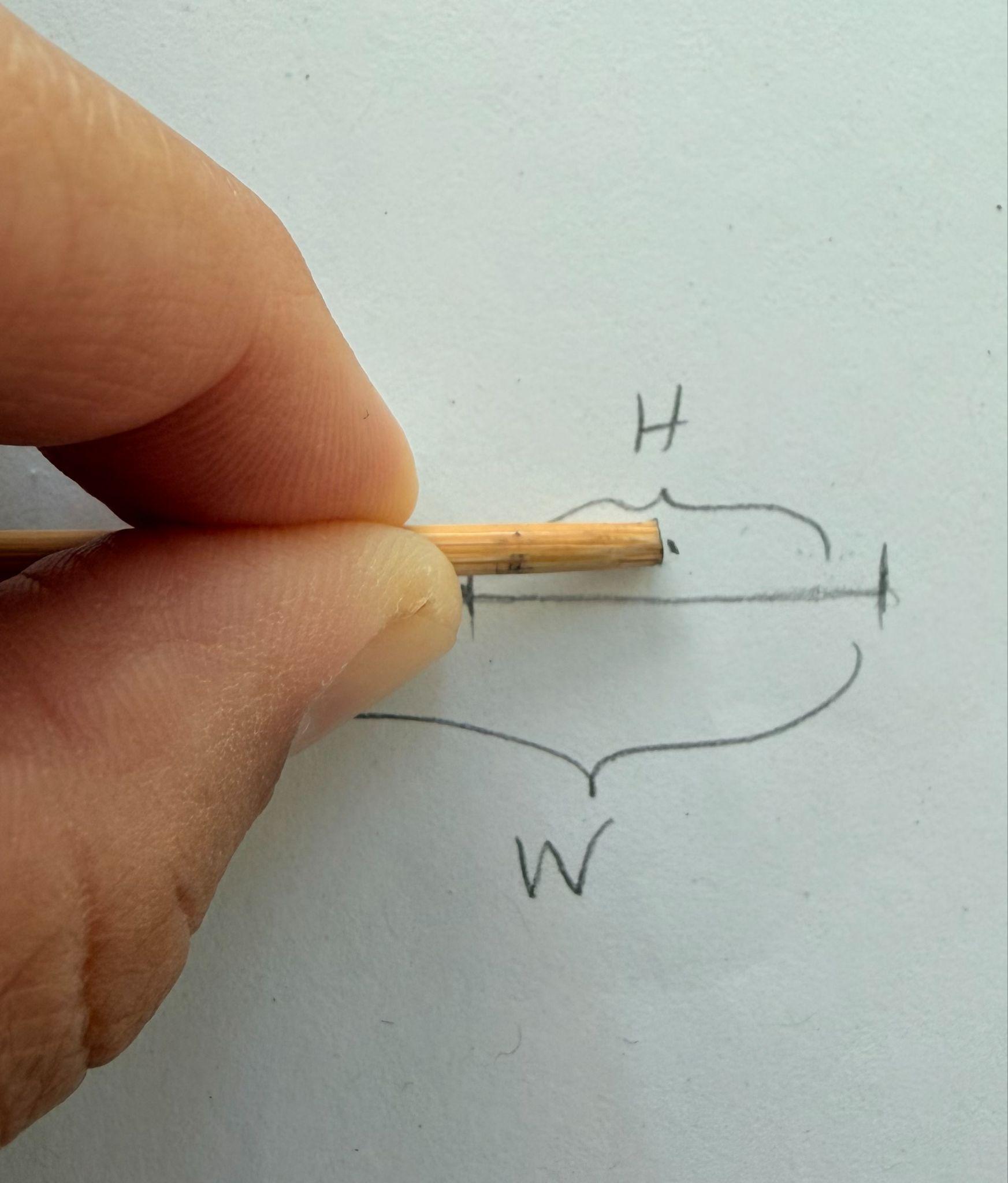 Photograph showing a hand holding a small wooden stick aligned with a simple hand-drawn diagram on paper. Diagram includes labeled dimensions "H" for height and "W" for width, indicating measurement.