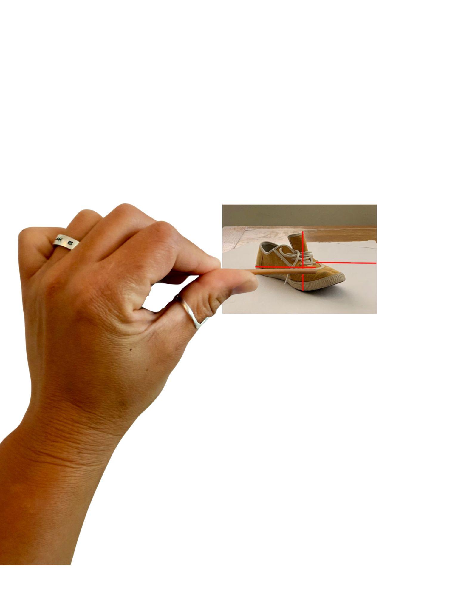 Photograph showing a large hand holding a sighting tool next to a photograph of a brown shoe. The photograph of the shoe has two horizontal red lines and one vertical red line to highlight proportion comparison.