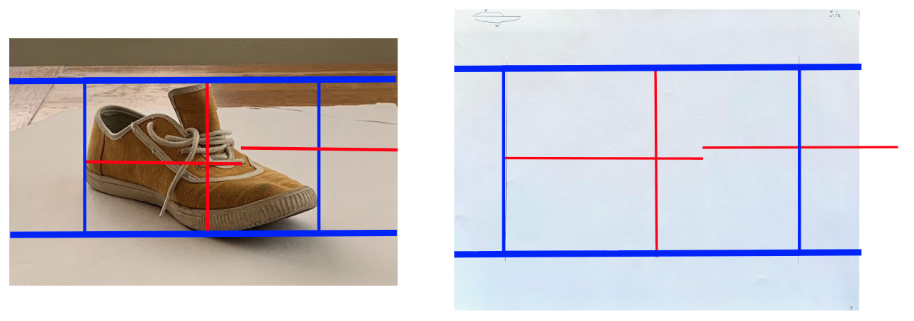 A side-by-side comparison shows a photographs with a brown sneaker on a white surface with blue and red grid lines overlaying it on the left, and a blank white sheet with the same grid lines on the right. The grids highlight proportions and alignment.