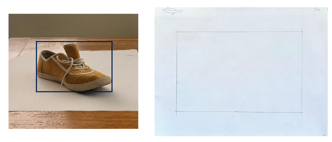 Photograph showing a brown sneaker with white laces placed on white paper on a wooden surface, with a blue rectangular box highlighting the shoe. Next to it is a blank white sheet with a faint rectangular outline drawn in the center.