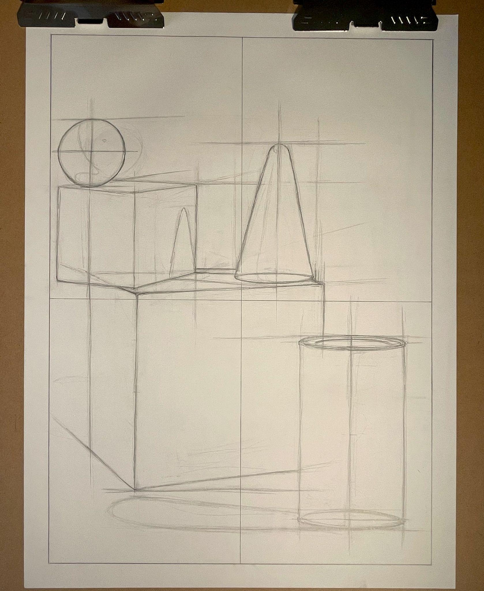 Sketch drawing shows basic geometric shapes including a sphere, cone, cube, and cylinder arranged on a flat surface. Light pencil lines outline shapes with construction lines indicating perspective and proportions for a foundational art study.