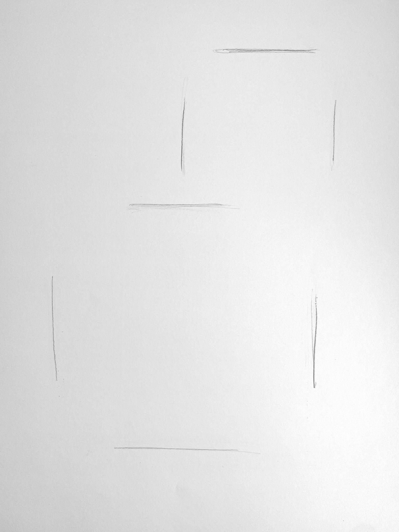 Photograph of a blank white surface with faint, thin pencil lines forming an incomplete rectangular outline. Lines are unevenly spaced, suggesting a rough sketch or initial layout without additional details or markings.