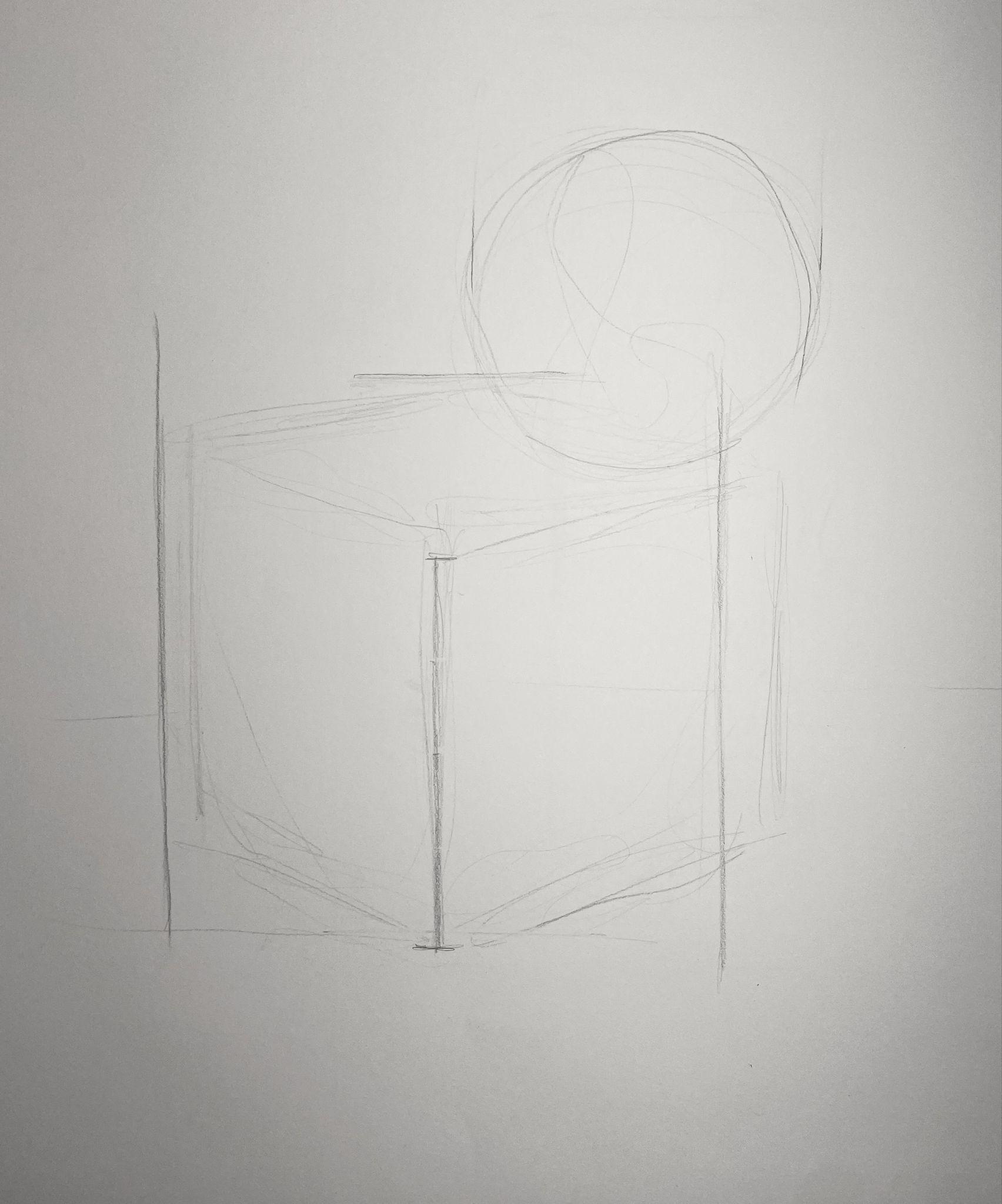 A pencil sketch showing a three-dimensional cube with a large circle partially overlapping its upper right corner. The drawing includes light construction lines indicating perspective and shape formation.