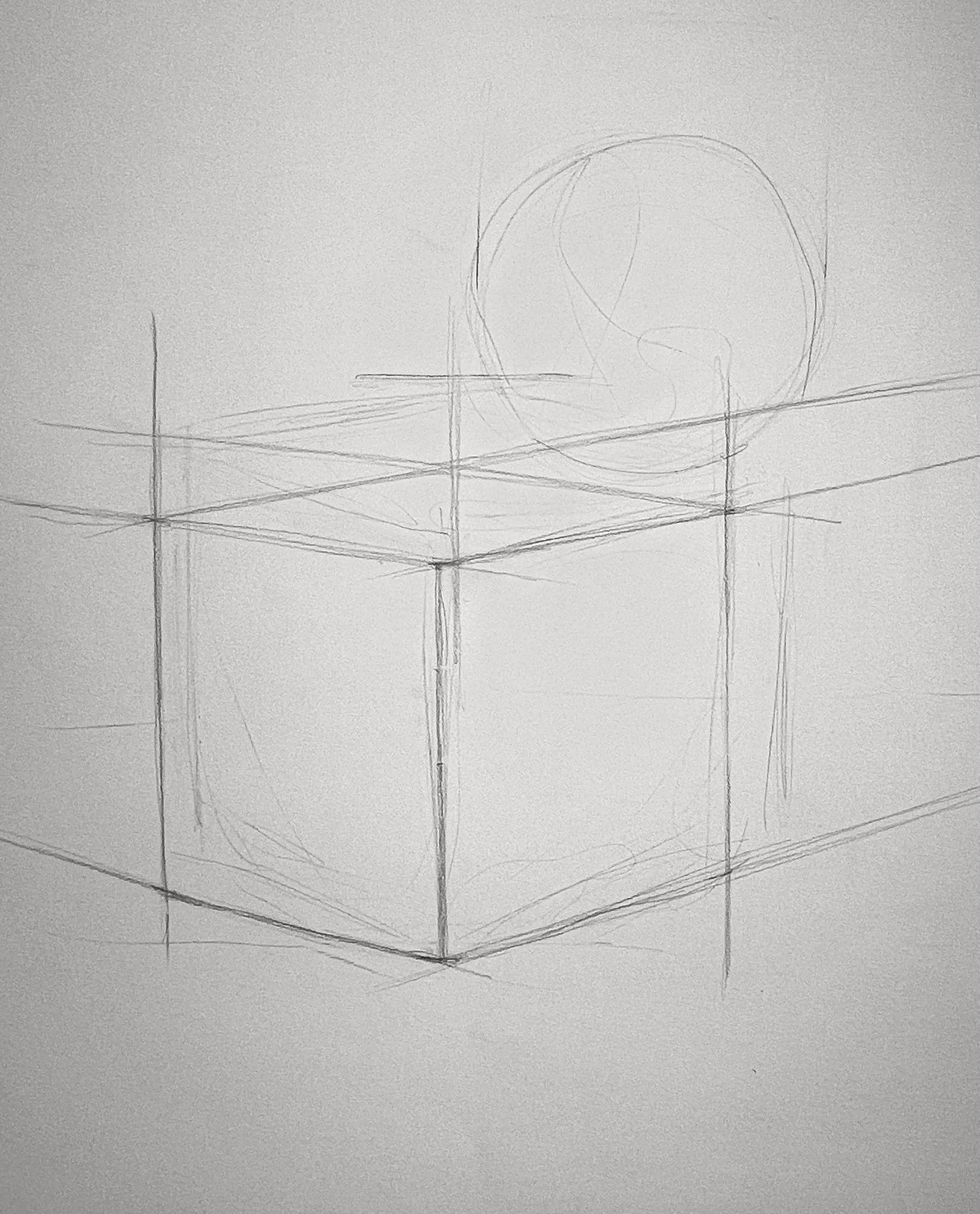 Pencil sketch showing a three-dimensional cube in perspective with construction lines extending from its edges. A faint circle is drawn above the cube, suggesting initial stages of a geometric or architectural drawing.