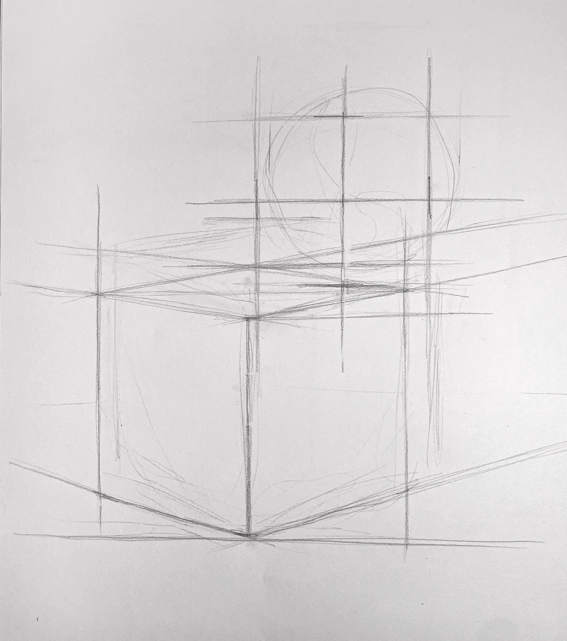 A pencil sketch showing a geometric construction with intersecting vertical and horizontal lines forming a cube in perspective. A circle is drawn above and behind the cube, with light guidelines indicating depth and spatial relationships.