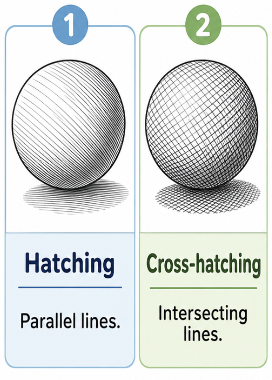 Diagram comparing two shading techniques, hatching and cross-hatching, using spheres to demonstrate effects. Hatching features parallel lines creating shading, while cross-hatching uses intersecting lines for a denser texture, with each technique labeled and color-coded in blue and green boxes.