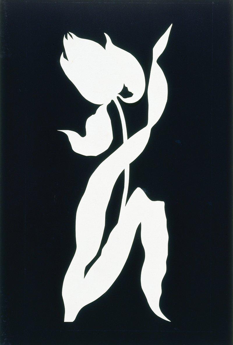 A black and white silhouette illustration of a tulip with a long, curved stem and two large leaves. The design features bold, flowing shapes creating a striking contrast between white floral elements and a solid black background.