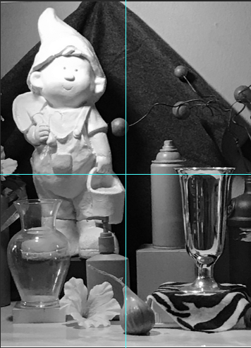 Black and white photograph of a still life arrangement featuring a garden gnome statue, various glass containers, a metallic goblet, and decorative objects on a flat surface. The composition includes contrasting textures and shapes, with a dark fabric backdrop and a small branch with spherical elements adding depth and visual interest.