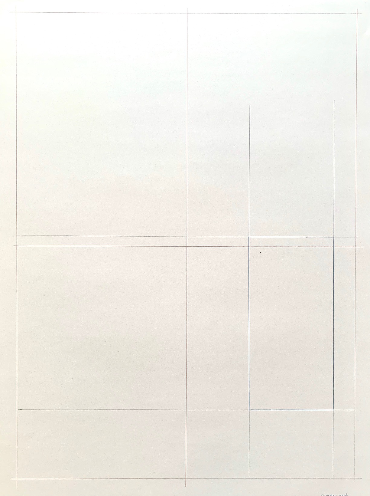 A minimalist line drawing features a series of thin, straight lines forming a grid-like pattern with several rectangular and square shapes. The composition emphasizes geometric structure and spatial relationships using light pencil strokes on a white background.