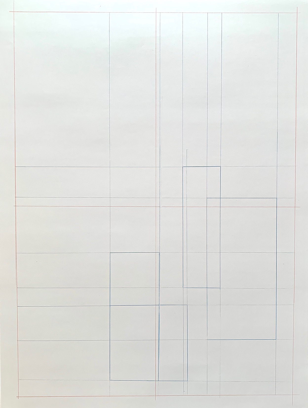 A minimalist line drawing composed of intersecting vertical and horizontal lines forming a grid with various rectangular shapes. The lines are primarily light blue and red, creating a geometric abstract composition without additional details or labels.