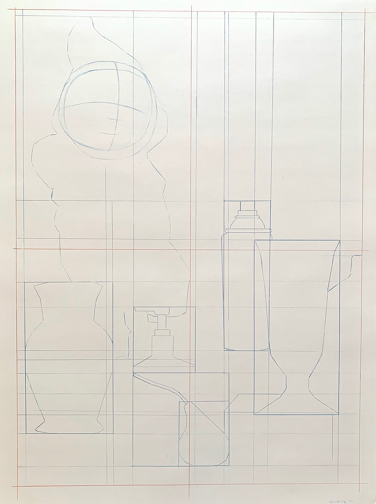 A line drawing sketch on grid paper depicts outlines of various containers, including a vase, a pump bottle, and a tall bottle, arranged in a still life composition. Thin blue and red lines form geometric shapes and intersecting grids, providing structural guidance for proportions and spatial relationships.
