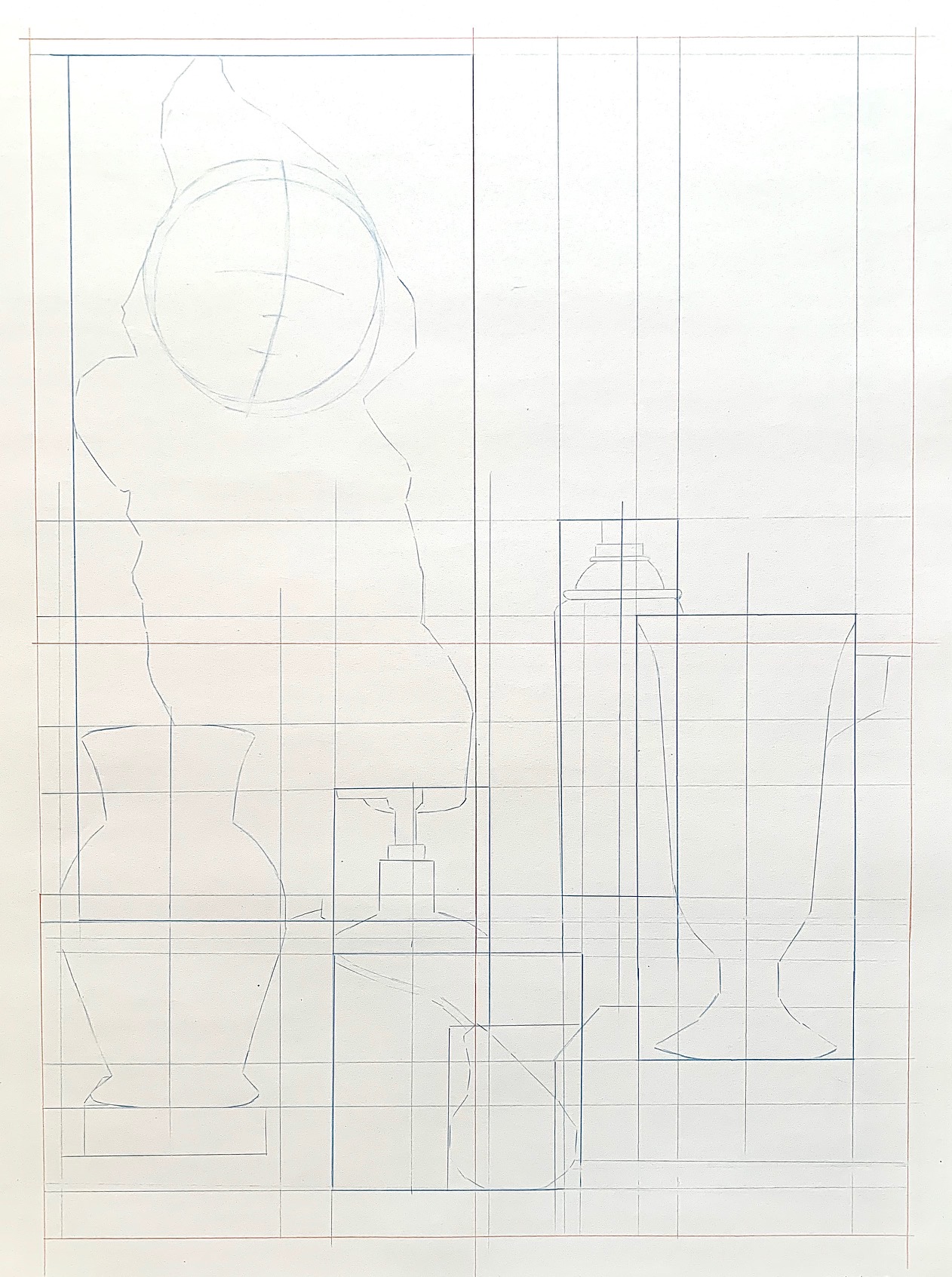 Line drawing sketch showing a still life composition with a globe, vase, bottle, and glass arranged on a table. The drawing is structured with a grid system of vertical and horizontal lines to aid in accurate proportions and placement of objects.