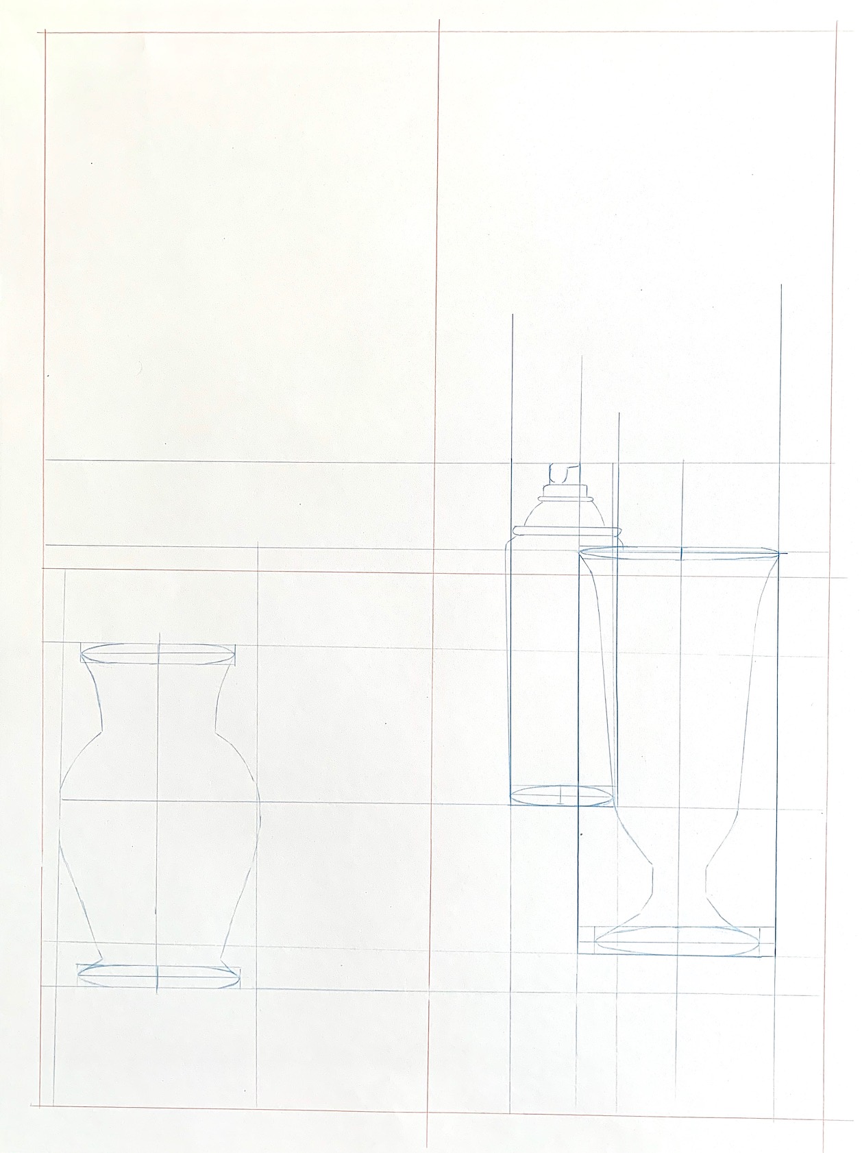A line drawing sketch showing outlines of three vessels: a vase on the left, a spray can in the center, and a tall glass on the right. The drawing includes a grid structure with vertical and horizontal lines for proportion and alignment guidance.
