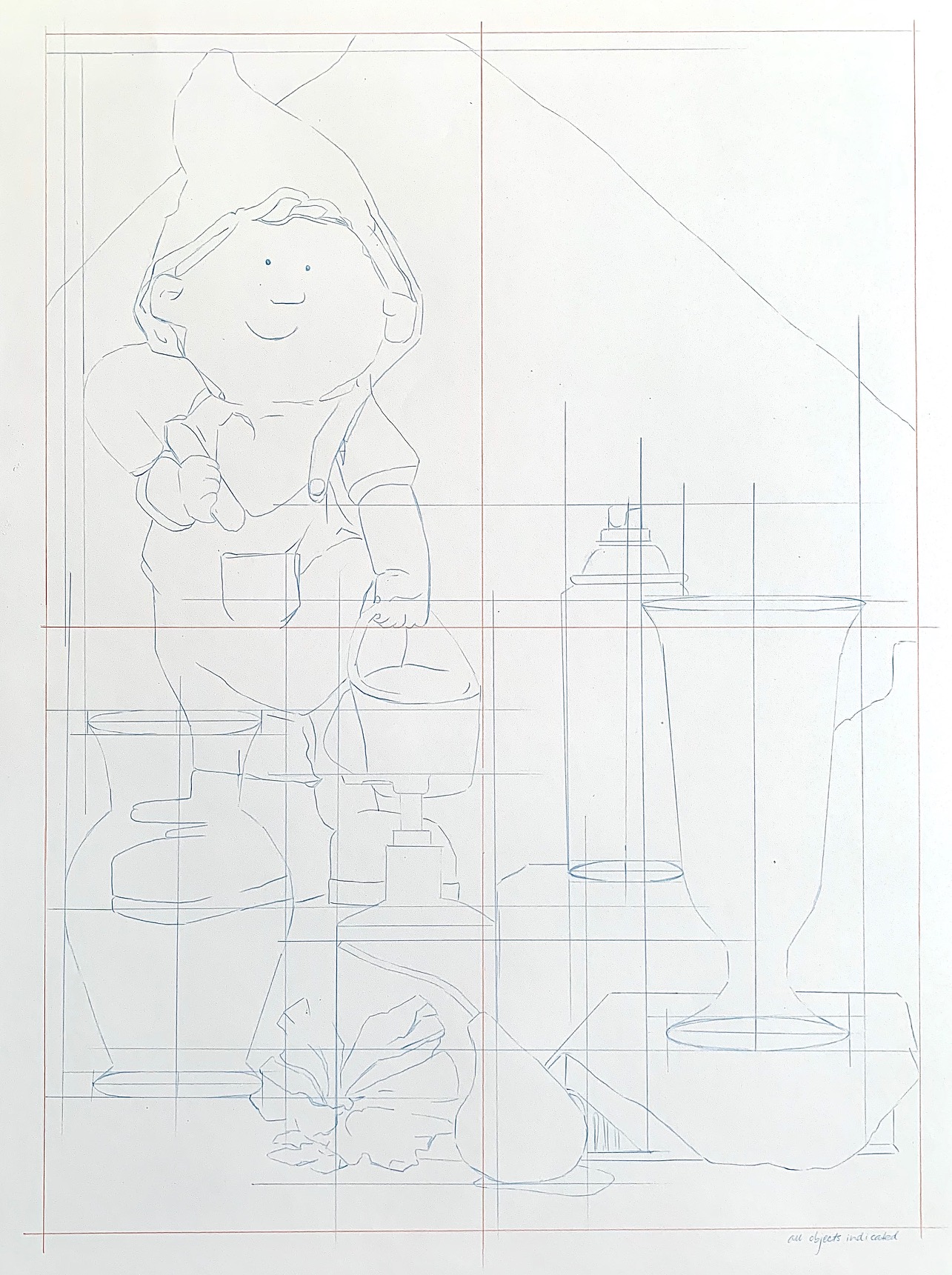 A pencil sketch drawing featuring a gnome figure holding a bucket, surrounded by various kitchen objects including a bottle, a pitcher, and a garlic bulb. The composition is divided by grid lines, suggesting a preparatory layout for a more detailed artwork.